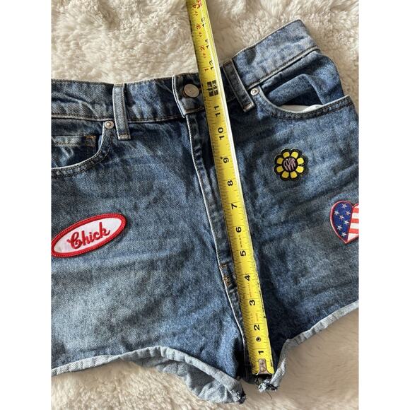 Revice Denim Patch Work High Rise Jean Shorts Stone Washed Blue - Picture 4 of 7